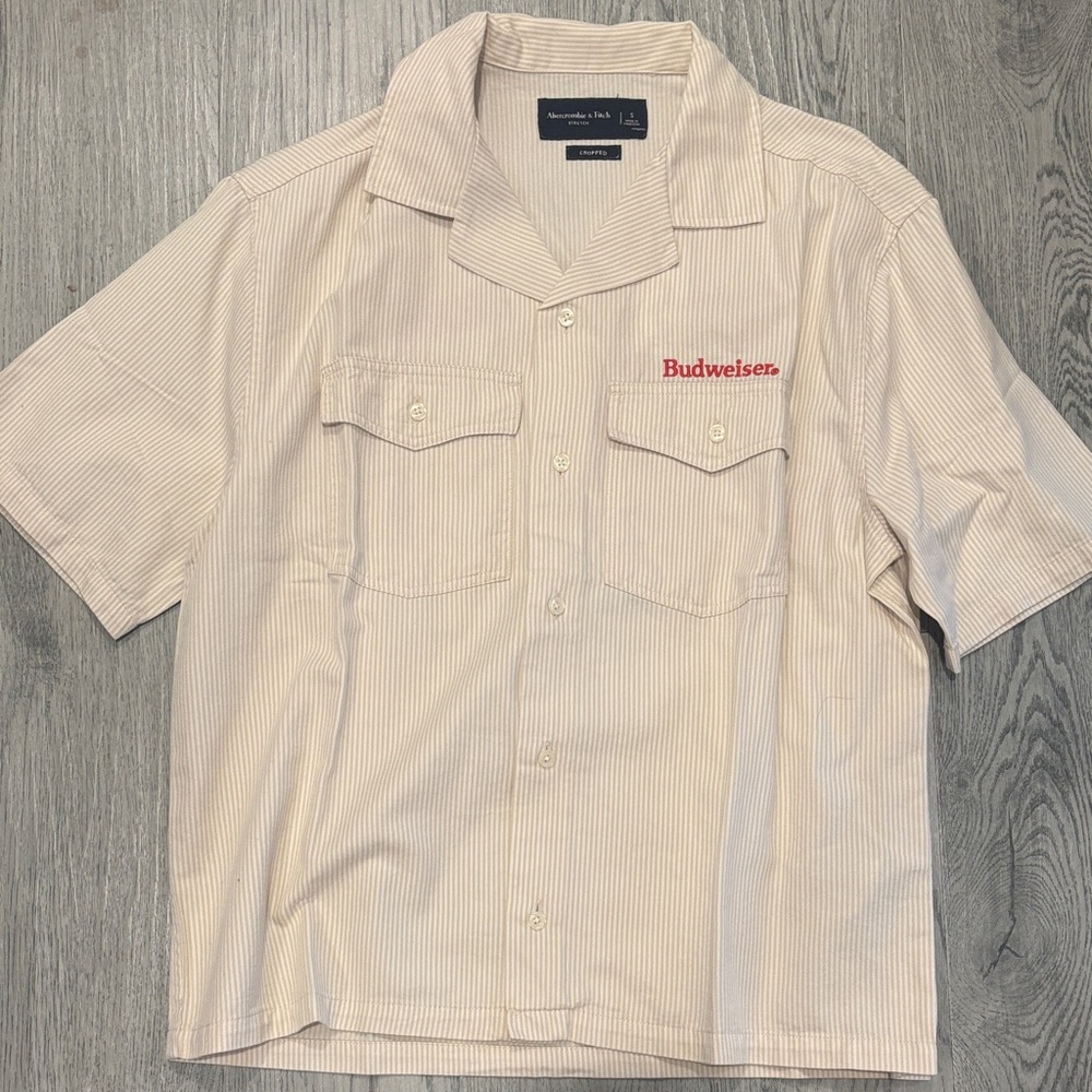 Abercrombie & Fitch Men's Beige Striped Button Down Shirt